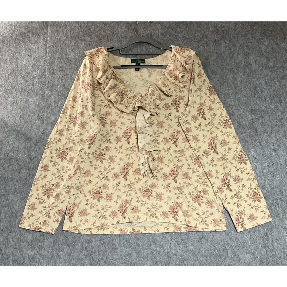 Lauren Jeans Co Ralph Lauren Shirt Womens XL Beige Floral Ruffle Top Cotton